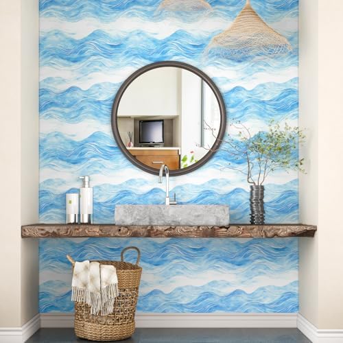 Watercolor Waves Blue Ombre Peel and Stick Wallpaper 17.5" x 118" - Image 3
