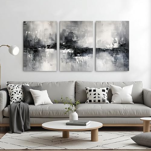 AVECCO Triptych Abstract Black White Gray Wrapped Canvas Wall Art 20x30 In - Image 2