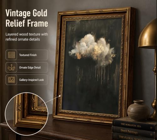 Vintage Framed Cloud Wall Art, Dark Moody Black Gold Cloud Canvas Print - Image 3