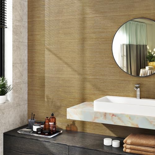 WESTICK Brown Gold Textured Grasscloth Wallpaper Removable Vinyl Textured Gold - Image 7