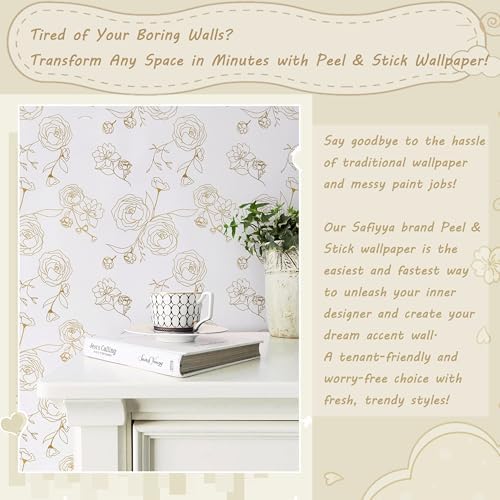 Safiyya 393"x17.3" Peel and Stick Wallpaper Gold and White Contact Paper Floral - Image 3