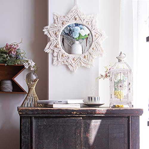 TENEWEE Boho Wall Decor White Macrame Round Hanging Mirror - Image 2