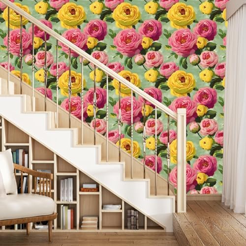 BOKEBEVE Floral Wallpaper Peel and Stick Boho Pink Green 17.5 x 393.7In - Image 6