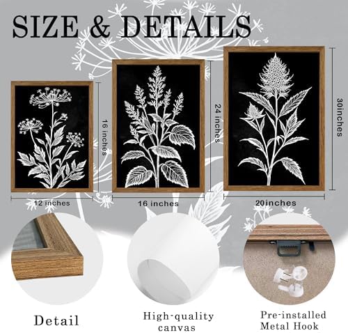 AVECCO 3 Pieces Black White Botanical Wall Art Canvas Framed 20x30 Inch - Image 6