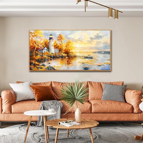 Lighthouse Wall Art, Seaside Birch Tree Landscape Framed Wall Decor 20"X40" - Image 3