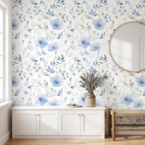 Light Blue Floral Peel and Stick Wallpaper, 17.7in x 118in - Image 6