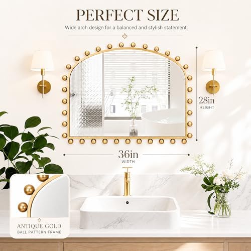 36"x28" Wide Arch Wall Mirror, Antique Gold Ball Frame - Image 6