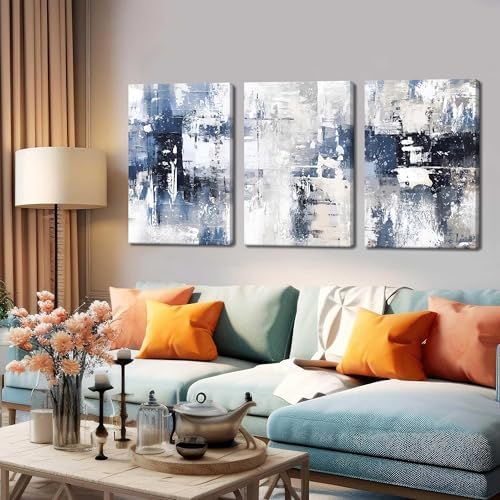 Abstract Blue and White Wall Art Set of 3, Modern Simple Navy Framed Canvas - Image 7