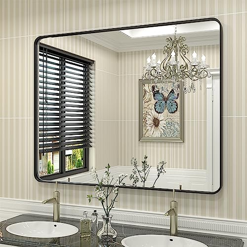 40x32 Black Bathroom Mirror, Matte Framed Bathroom Vanity Mirror by CHARMOR