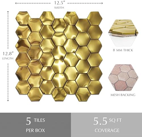3D Gold Wall Panels Hexagon Metal Tile Gold Backsplash Tiles - Image 2