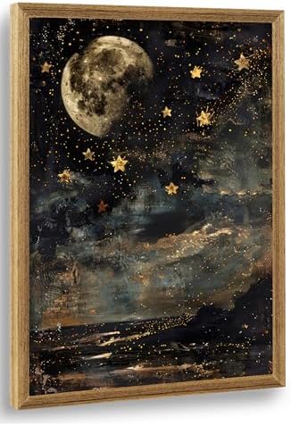 ICHZUMW Framed Moon and Stars Celestial Vintage Canvas Wall Art 12x16 In by Unknown