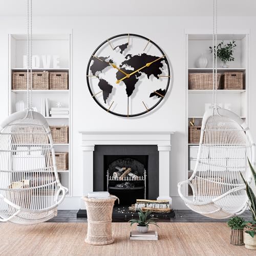Large World Map Wall Clock, Metal Minimalist Modern Clock, Round Non-Ticking - Image 5