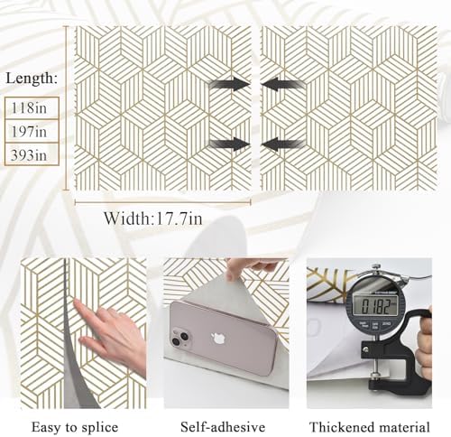 MelunMer Geometric Contact Paper Peel and Stick Wallpaper Gold 17.7”×197” - Image 3