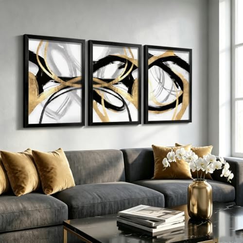 LYYGLYY 3Pcs Black Framed Abstract Black Gold Canvas Wall Art 16x24 Inch - Image 2
