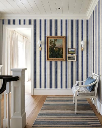 Safiyya Wallpaper Peel and Stick Blue and Cream White Striped 17.3"x393" - Image 5