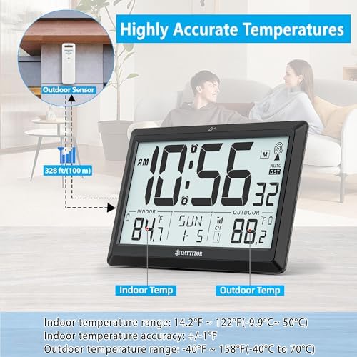 Atomic Clock Wall with Indoor/Outdoor Temp & 10.5" Large LCD Display - Image 3