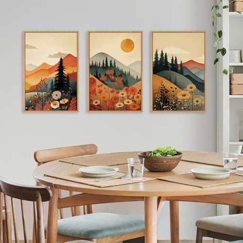 LHIUEM Large Boho Mountain Sunset Framed Canvas Wall Art Set, Pine Tree Flowers - Image 4