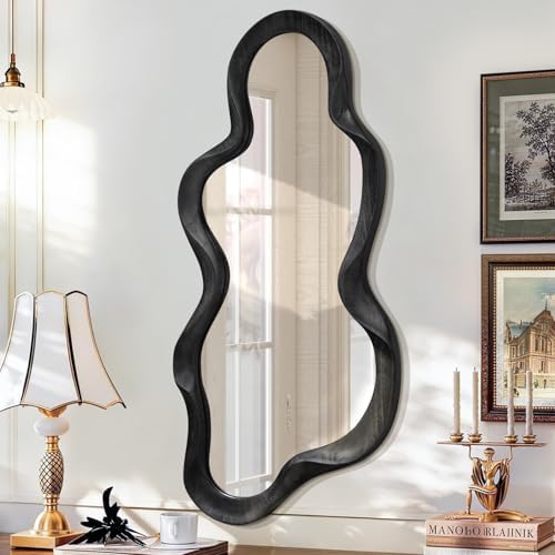 Black Asymmetrical Mirror, Wall Irregular Wood Frame Wavy Wall Mirror by Lzuso