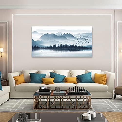arteWOODS Indigo Canvas Wall Art Misty Mountain Wall Pictures Foggy Lake Boat - Image 3