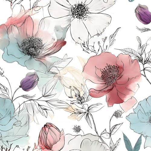 Laatse Blue Pink Watercolor Floral Peel and Stick Wallpaper 17.5"x393" by Laatse