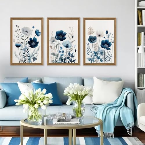 DUWQU Triptych Navy Blue Watercolor Botanical Floral Wall Art 20x30 in x3 - Image 2