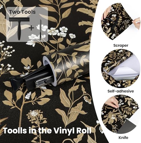 Vintage Peel and Stick Wallpaper Dark Floral Contact Paper 17.3" x 118" - Image 3