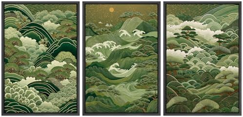 MUDECOR Framed Canvas Print Wall Art Japanese Forest Landscape Green Waves and by MUDECOR
