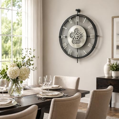 Large Moving Gear Wall Clock – Luxury Metal Ring Roman Numeral Silent - Image 3