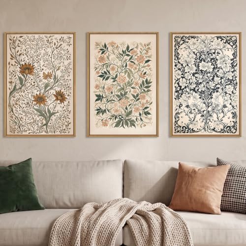 Large Abstract Vintage Flower Framed Canvas Wall Art, Antique Botanical Wall by Unknown