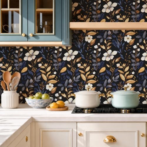 Laatse Vintage Dark Blue Gold Floral Peel and Stick Wallpaper 17.5"x197" - Image 4