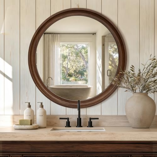 Round Wood Mirror, Walnut Brown - Image 3