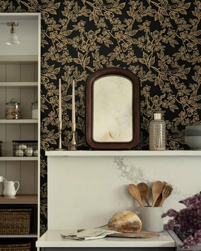 Ismoon Dark Floral Peel Stick Wallpaper Black Gold Wallpaper 17.3x78.7in - Image 2