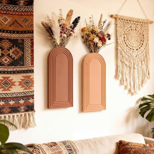 6 Pack Boho Wall Vase Wooden Hanging Planters, Light Colors - Image 4