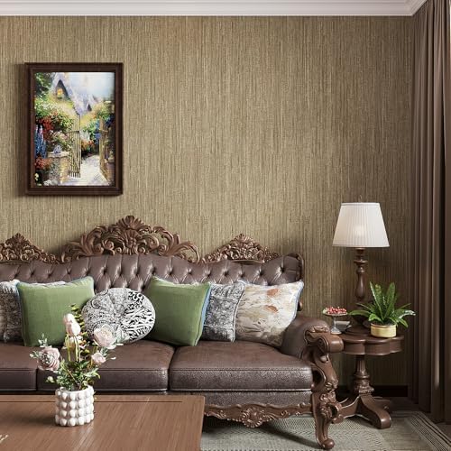 VaryStyle 15.7"x393" Tan Brown/Gold Grasscloth Peel and Stick Wallpaper Vintage - Image 4