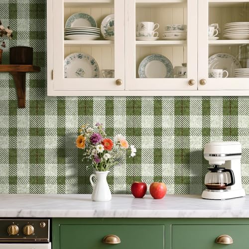 Livelynine Green Plaid Wallpaper Peel and Stick Farmhouse French Country Linen - Image 5