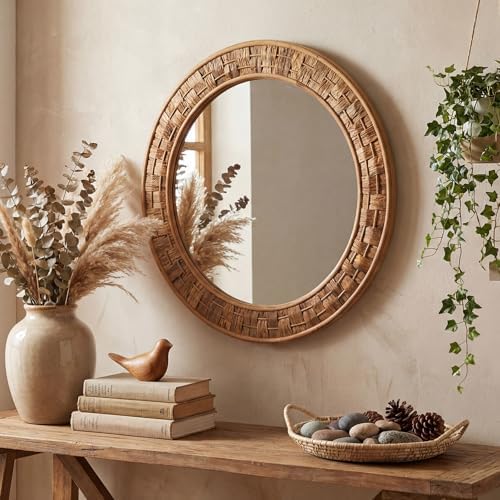 Vercraft 24 Inch Round Rattan Wicker Mirror, Rustic Boho & Farmhouse Style - Image 5