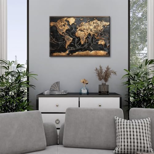 Abstract World Map Canvas Wall Art Black and Gold Wall Decor - Image 2