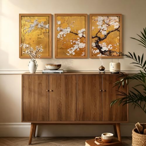 3 Pcs Japanese Golden Plum Blossom Flower Wall Art 12x16 Inches Wood Framed - Image 3