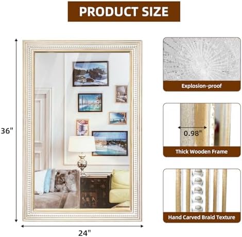36x24 Inch Wooden Rectangular Wall Mirror, Farmhouse Decorative Mirrors - Image 6
