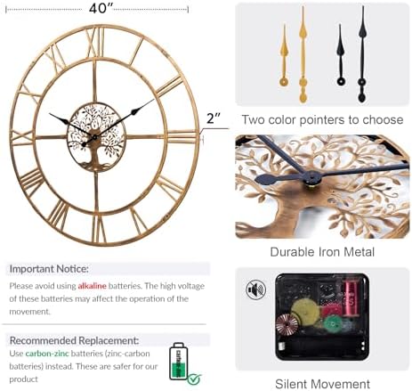 40in Large Silent Wall Clock, Easy Assembly Roman Numeral Bronze - Image 2