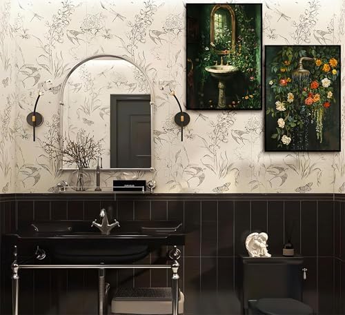 3Pcs Vintage Dark Green Bathroom Wall Art Shower Toilet Paper Roll Floral - Image 4