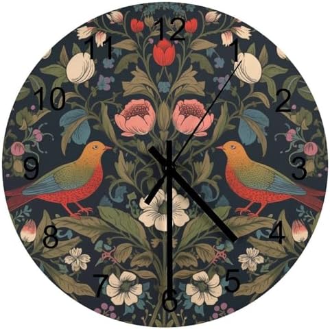 William Morris Wall Clock, Vintage Art Rustic Floral Botanical Bird Round by LOMADIA