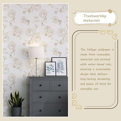Safiyya 393"x17.3" Peel and Stick Wallpaper Gold and White Contact Paper Floral - Image 2