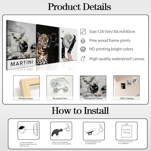 Framed Trendy Leopard Canvas Wall Art Set of 3, Funky Martini Cheetah Pictures - Image 5
