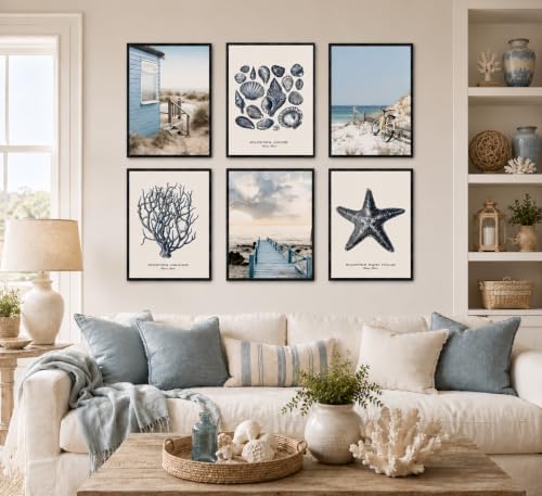 6Pcs Blue Beach Wall Art Preppy Beach Hut Wall Decor Pictures Ocean Boho Reed - Image 4