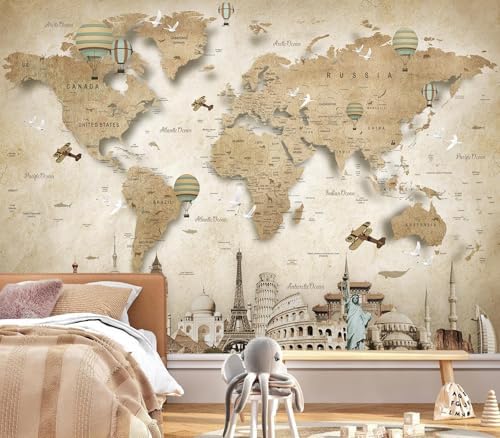 Vintage World Map Landmarks Hot Air Balloon Kids Wallpaper - Image 3