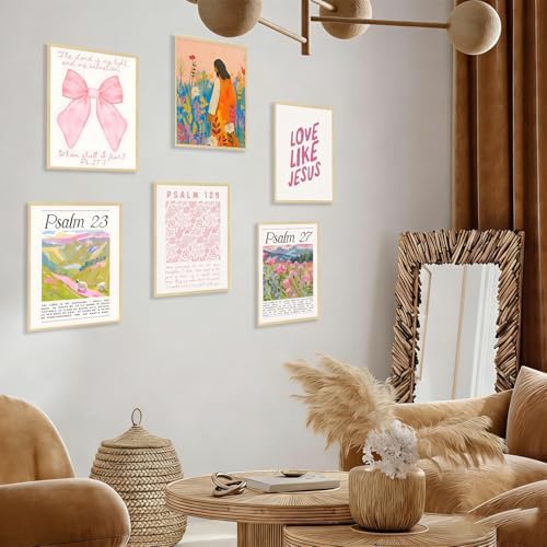 Pink Christian Posters Wall Art Set of 6 Pink Bible Verse Paintings Pictures - Image 2