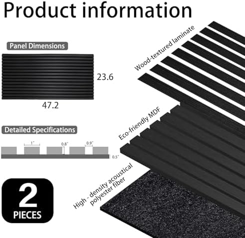 Yun-aeon Matte Black 4 Pack Wood Slat Acoustic Panels 47.2 x 23.6 Inch 3D - Image 4