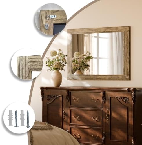 Rectangular Wall Mirror 36" x 24", Solid Wood Frame Bathroom Mirror - Image 6