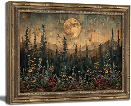 Gold Framed Wall Art Vintage Nature Forest Wall Art Full Moon Forest Landscape by ZHENYVLZ